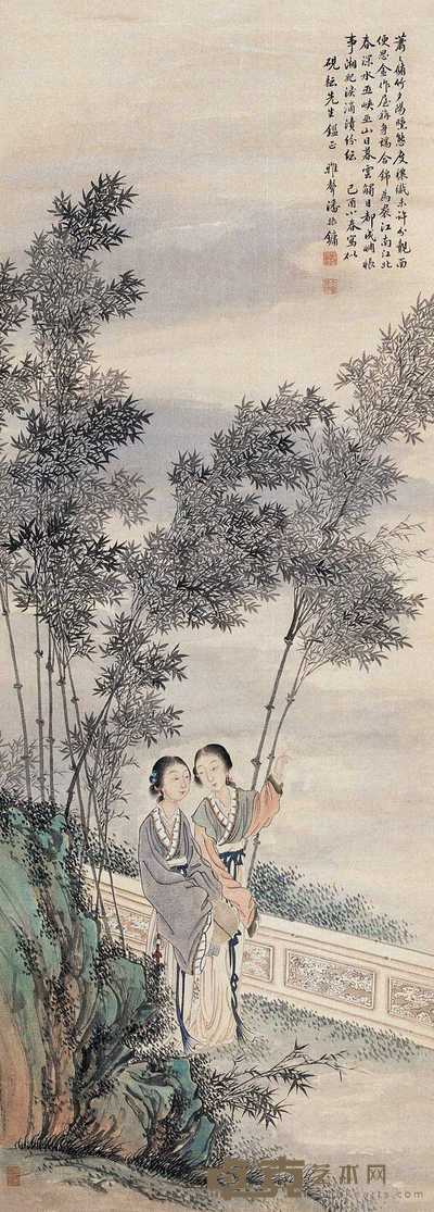 潘振镛 1909年作 竹林仕女 立轴 140.5×51cm